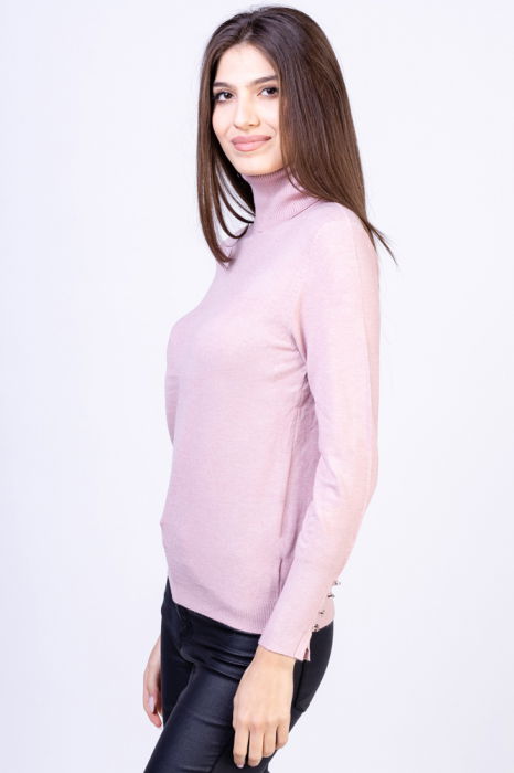 Helanca pulover cu guler inalt si nasturei pe maneca, cu cashmere, roz [3]