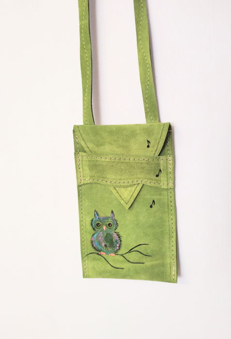 Husa pentru telefon , cu bufnita pictata , din piele naturala [2]