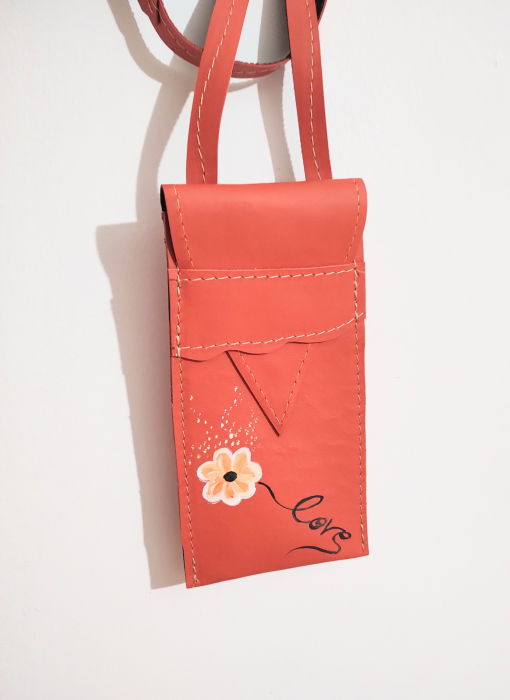 Husa handmade corai cu crizantema, din piele naturala,pictata [2]