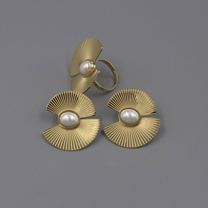 Inel reglabil auriu statement, din oțel inoxidabil, evantai cu perlă [6]