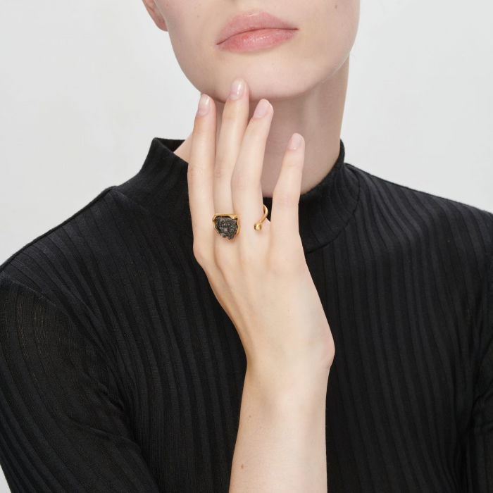 Inel reglabil Chantal cu piatra neregulata de agata, din alama placata cu aur de 24k [2]