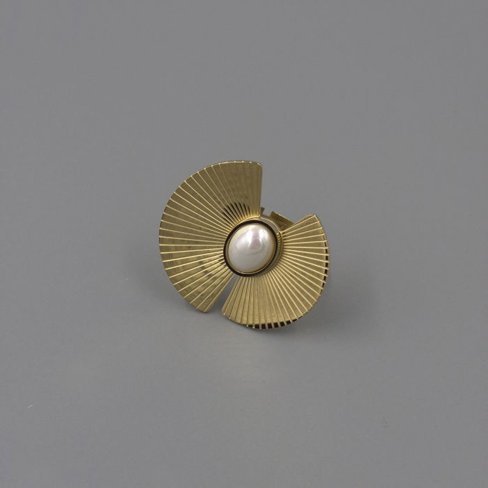 Inel reglabil auriu statement, din oțel inoxidabil, evantai cu perlă [4]