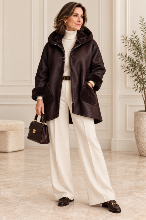 Jacheta dama oversized tip cojoc cu gluga si efect de piele intoarsa, maro ciocolatiu