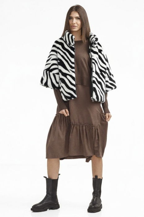 Jachetă din blana scurtă animal print alb negru, cu maneca 3/4, căptușeală și fermoar [4]