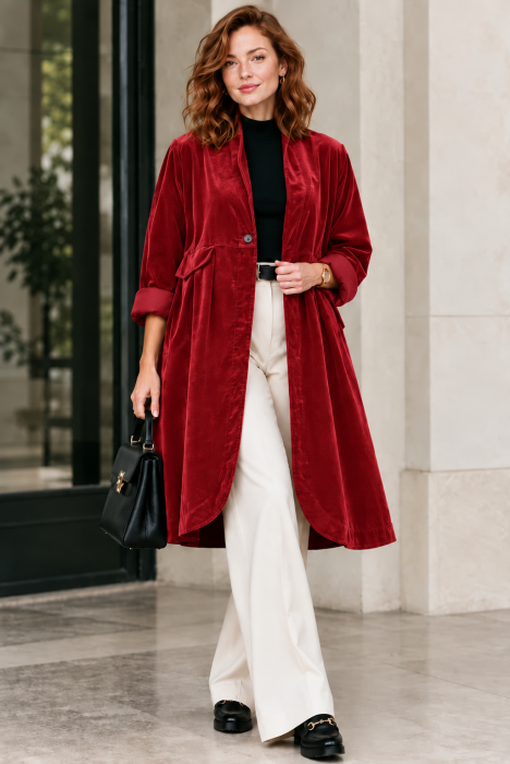 Jacheta lunga din catifea cu croi evazat, pliuri ample si design minimalist, bordo — Wendy Trendy, Geci
