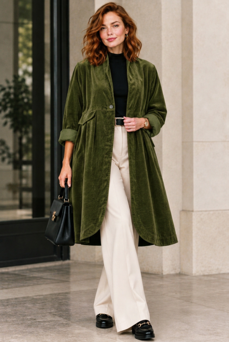 Jacheta lunga din catifea cu croi evazat, pliuri ample si design minimalist, verde olive — Wendy Trendy, Geci