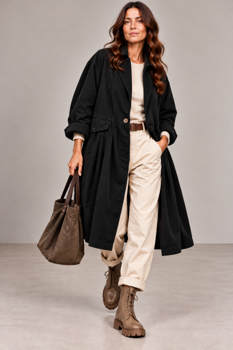 Jacheta lunga din catifea cu croi evazat, pliuri ample si design minimalist, neagra