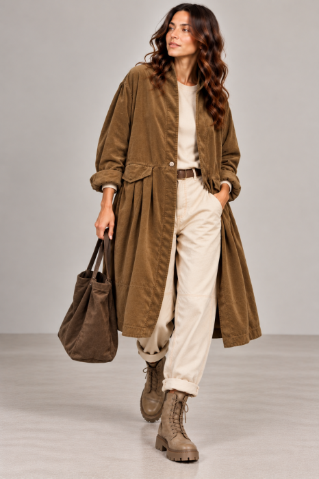 Jacheta lunga din catifea cu croi evazat, pliuri ample si design minimalist, camel — Wendy Trendy, Geci