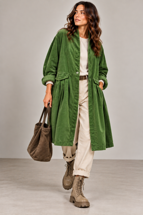 Jacheta lunga din catifea cu croi evazat, pliuri ample si design minimalist, verde olive
