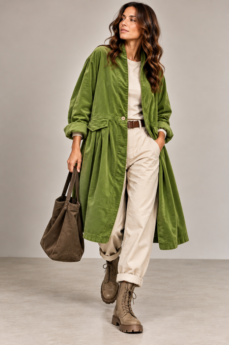 Jacheta lunga din catifea cu croi evazat, pliuri ample si design minimalist, verde deschis — Wendy Trendy, Geci