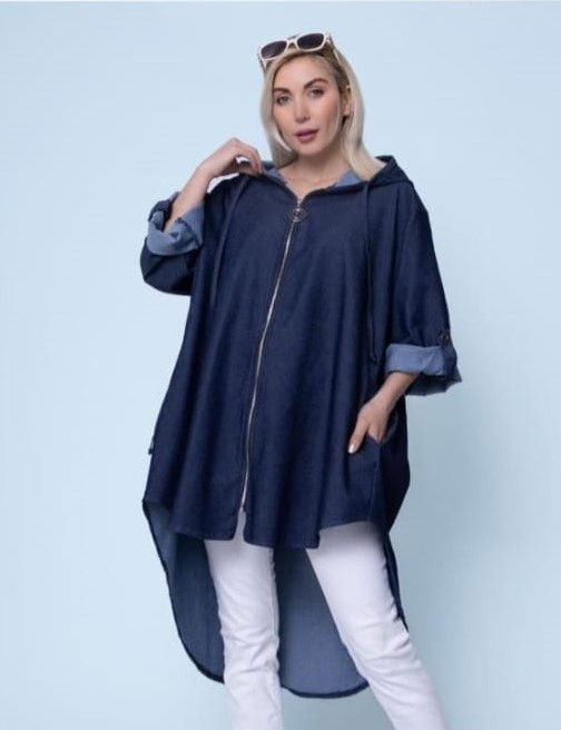 Jacheta midi cu gluga din denim albastru [1]