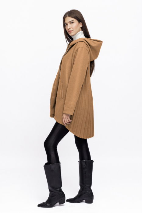 Jacheta midi cu gluga si pliseu pe spate, din stofa camel [2]