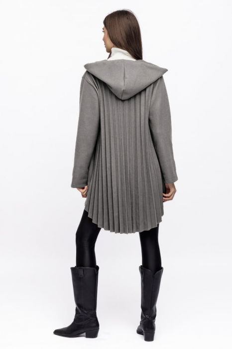 Jacheta midi cu gluga si pliseu pe spate, din stofa gri [3]