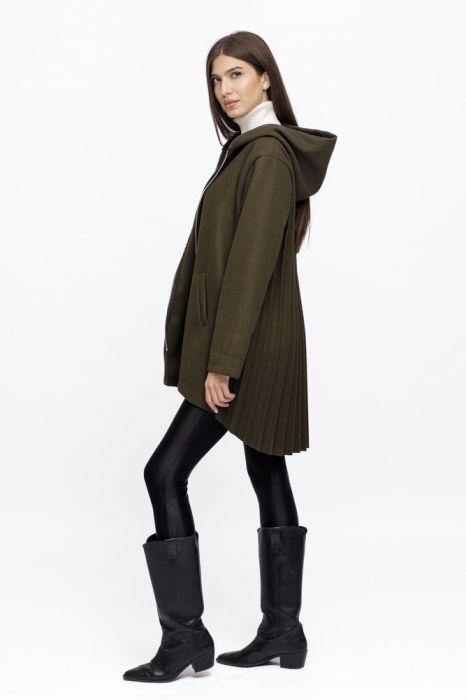 Jacheta midi cu gluga si pliseu pe spate, din stofa kaki [2]