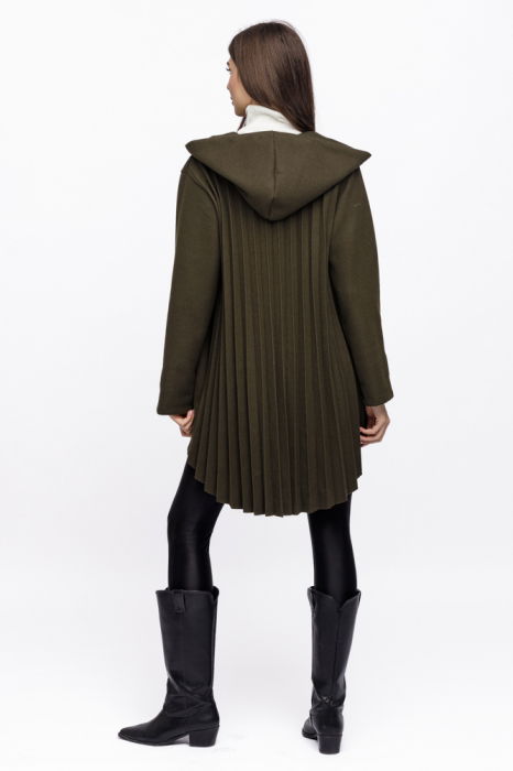 Jacheta midi cu gluga si pliseu pe spate, din stofa kaki [4]