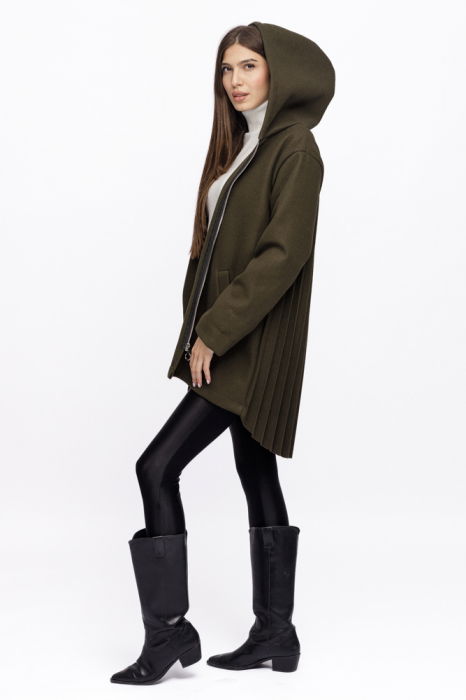 Jacheta midi cu gluga si pliseu pe spate, din stofa kaki [3]
