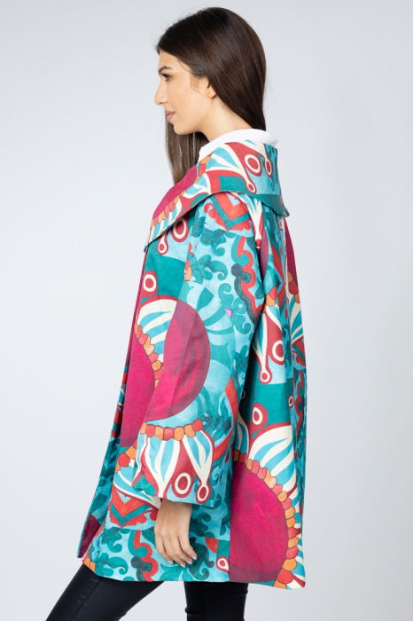 Jacheta midi, cu guler petrecut si imprimeu abstract turcoaz-bordo [4]
