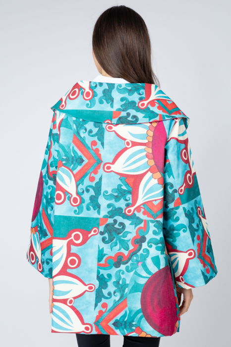 Jacheta midi, cu guler petrecut si imprimeu abstract turcoaz-bordo [5]