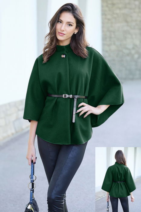 Jacheta trendy stil poncho cu curea, din stofa verde inchis