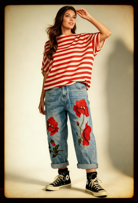 Jeans Denim Brodati cu Maci Rosii 3D – Piesa Statement [4]