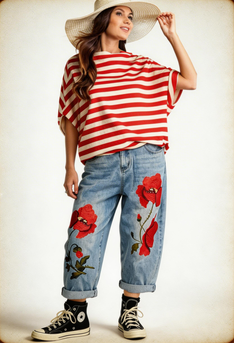 Jeans Denim Brodati cu Maci Rosii 3D – Piesa Statement [3]