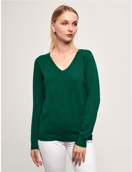 Puloveras cu decolteu in V, din tricotaj fin, turcoaz inchis [1]