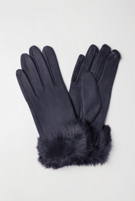 Manusi dama din material textil catifelat cu blanita naturala de iepure, bleumarin [2]