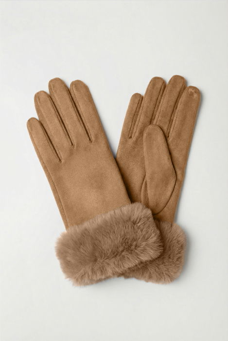 Manusi dama din material textil catifelat cu blanita naturala de iepure, camel [2]