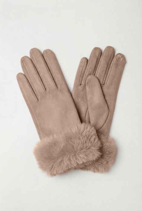 Manusi dama din material textil catifelat cu blanita naturala de iepure, bej [2]