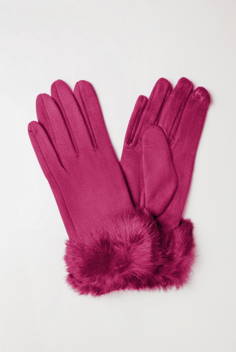 Manusi dama din material textil catifelat cu blanita naturala de iepure, fucsia [2]