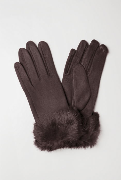 Manusi dama din material textil catifelat cu blanita naturala de iepure, maro [2]