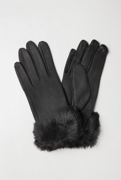 Manusi dama din material textil catifelat cu blanita naturala de iepure, negru [2]