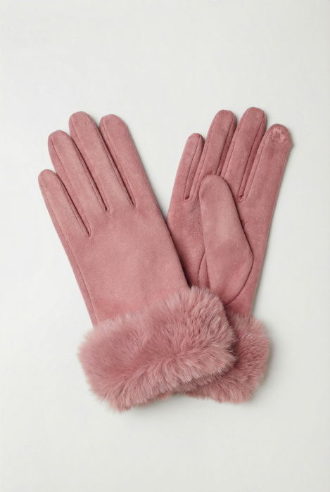 Manusi dama din material textil catifelat cu blanita naturala de iepure, roz prafuit [2]