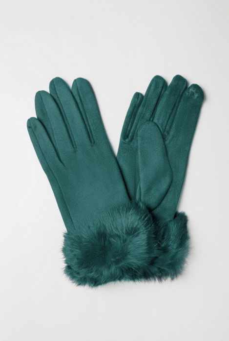 Manusi dama din material textil catifelat cu blanita naturala de iepure, turcoaz inchis [2]