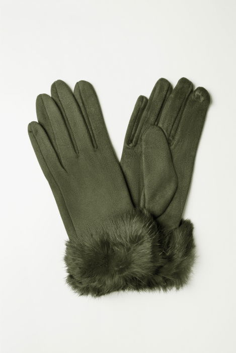 Manusi dama din material textil catifelat cu blanita naturala de iepure, kaki [2]