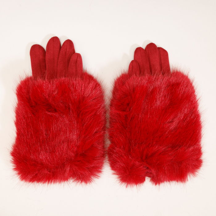 Manusi dama din material textil catifelat si suprapunere de blanita, bordo [2]