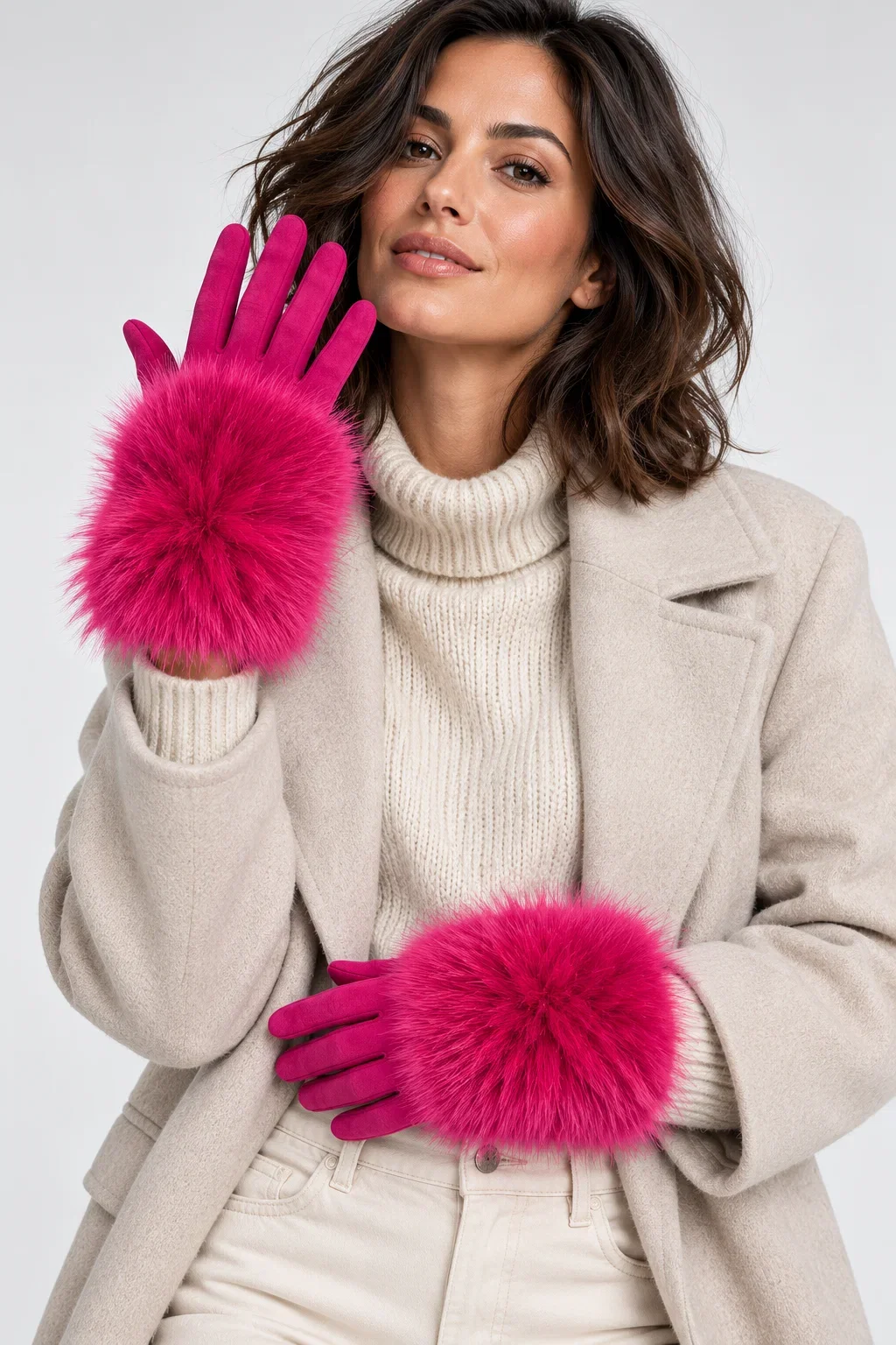 Manusi dama din material textil catifelat si suprapunere de blanita, fucsia