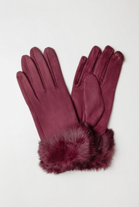 Manusi dama din material textil catifelate cu blanita naturala de iepure, bordo [2]