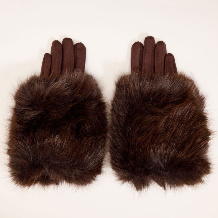 Manusi dama din material textil catifelat si suprapunere de blanita, maro [2]