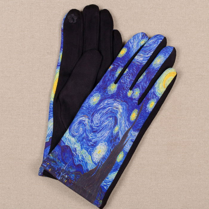 Manusi dama, textil cu imprimeu inspirat dupa   Noaptea Instelata  a lui Van Gogh