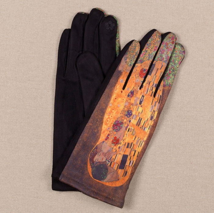 Manusi dama, textil cu imprimeu inspirat din pictura   Sarutul   a lui Gustav Klimt