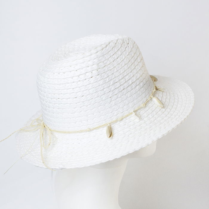 Palarie de paie impletita cu decoratiune din scoici, alba [2]