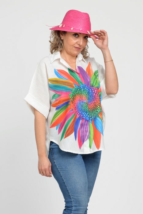 Palarie de paie impletita cu decoratiune din scoici, fucsia [3]