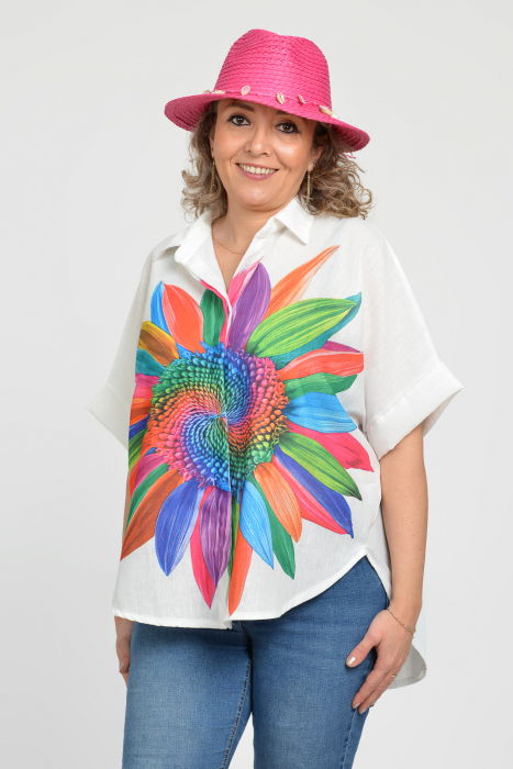 Palarie de paie impletita cu decoratiune din scoici, fucsia [5]