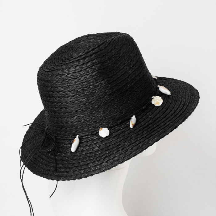 Palarie de paie impletita cu decoratiune din scoici, neagra [2]