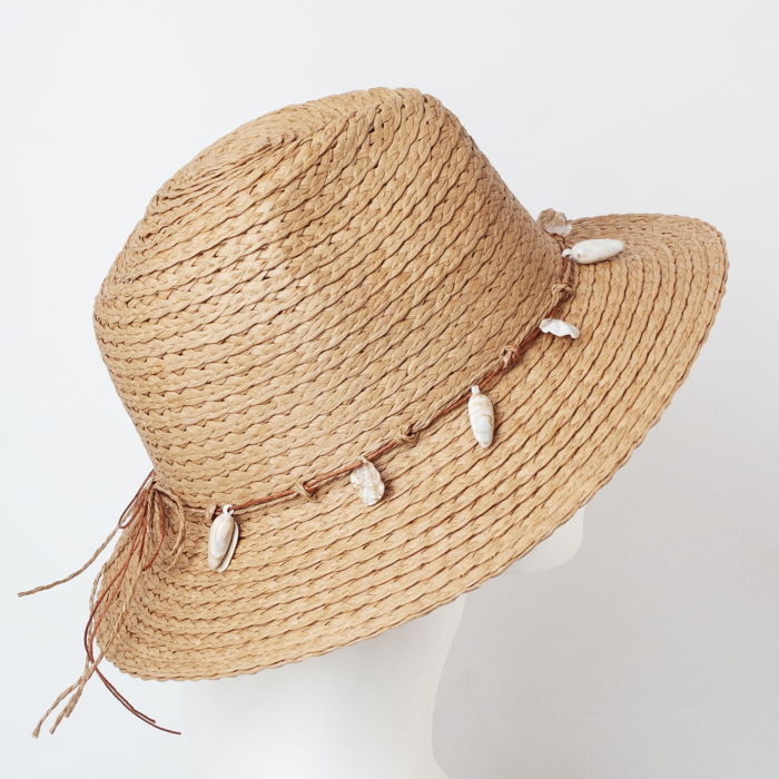 Palarie de paie impletita cu decoratiune din scoici, camel [2]