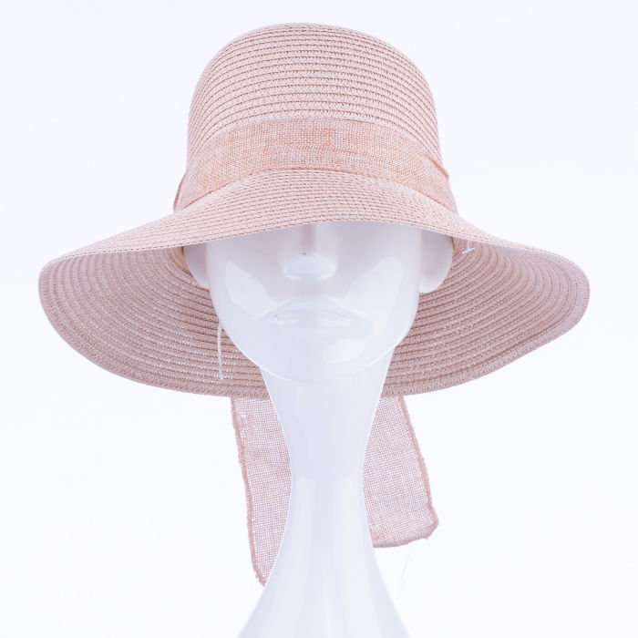 Palarie de paie impletita cu decoratiune funda, roz pal [2]