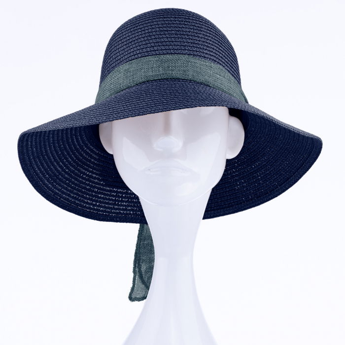 Palarie de paie impletita cu decoratiune funda, bleumarin [2]