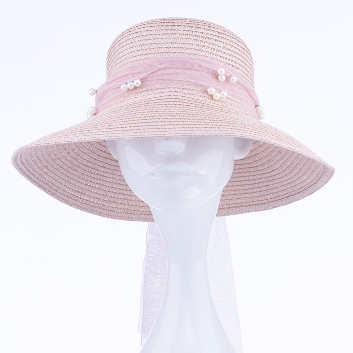 Palarie de paie impletita cu decoratiune funda cu perle fine, roz deschis [2]