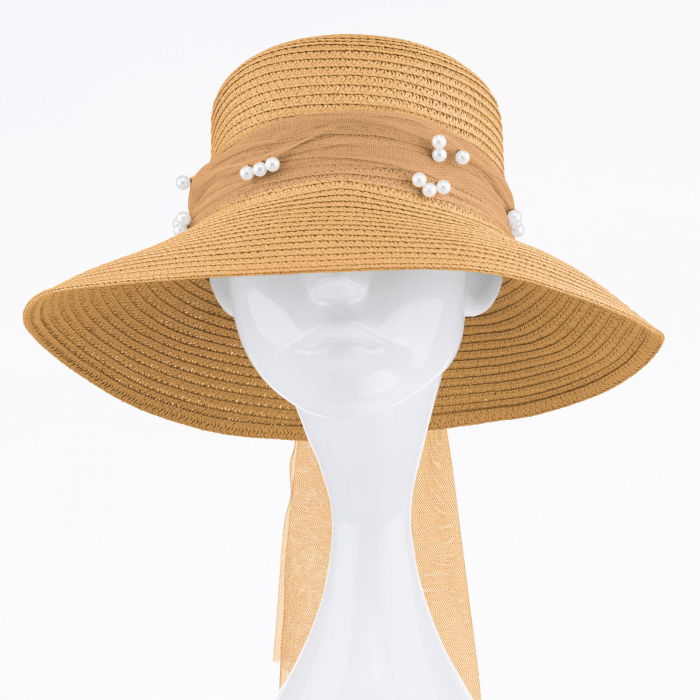 Palarie de paie impletita cu decoratiune funda cu perle fine, camel [2]